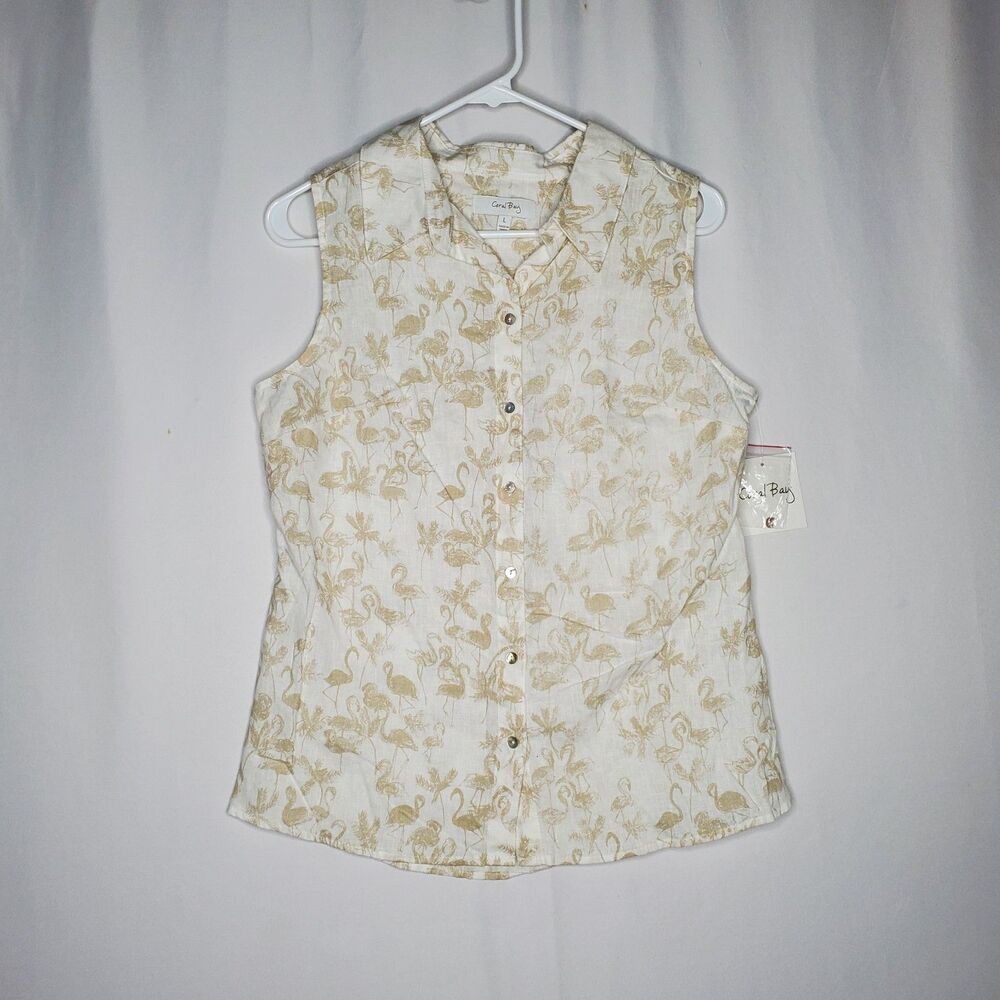 Coral Bay Linen Button Top Women Large Beige Sleeveless Flamingo Bird Tropical